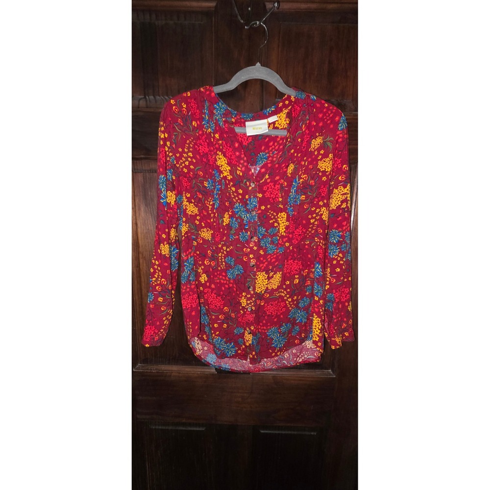 Maeve Anthropologie Red Floral Button Down Blouse V-Neck Long Sleeve Small